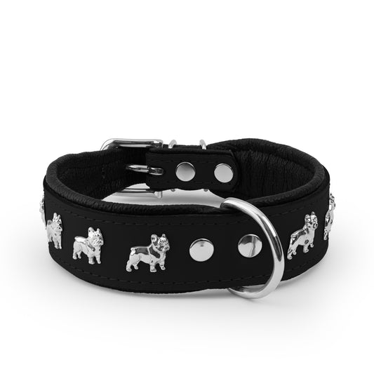 Leather collar with a French bulldog motif